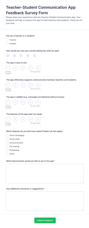 Teacher Student Communication App Feedback Survey Form Template
