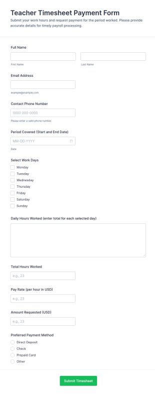Teacher Timesheet Payment Form Template