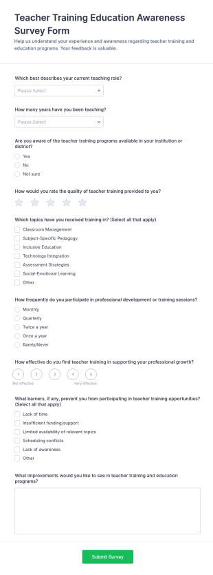 Teacher Training Education Awareness Survey Form Template
