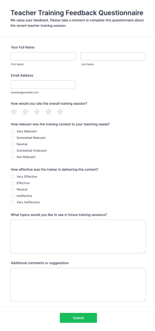 Teacher Training Feedback Questionnaire Form Template