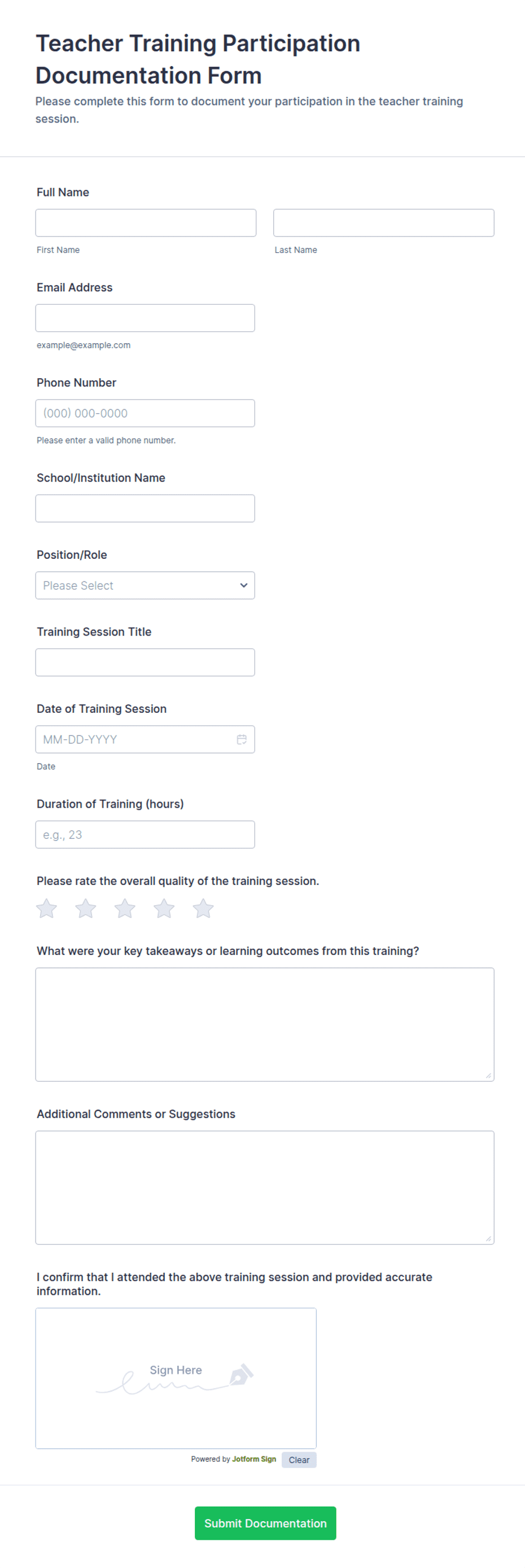 Teacher Training Participation Documentation Form Template | Jotform