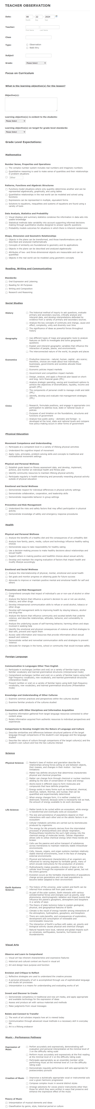 Teacher Walk Throughs And Observations Form Template