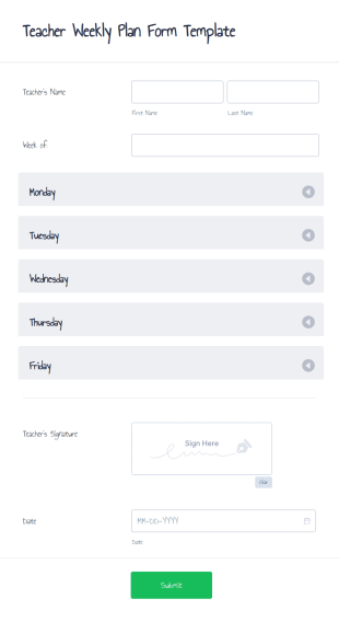 Teacher Weekly Plan Form Template