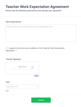 Teacher Work Expectation Agreement Form Template