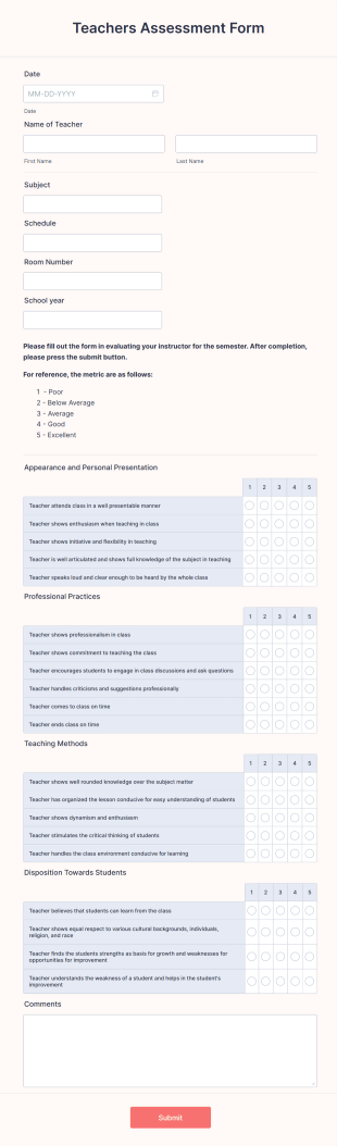 Teachers Assessment Form Template