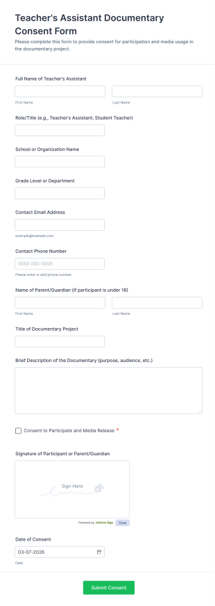 Teacher's Assistant Documentary Consent Form Template