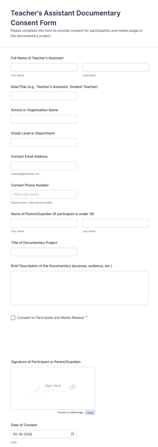 Teacher's Assistant Documentary Consent Form Template