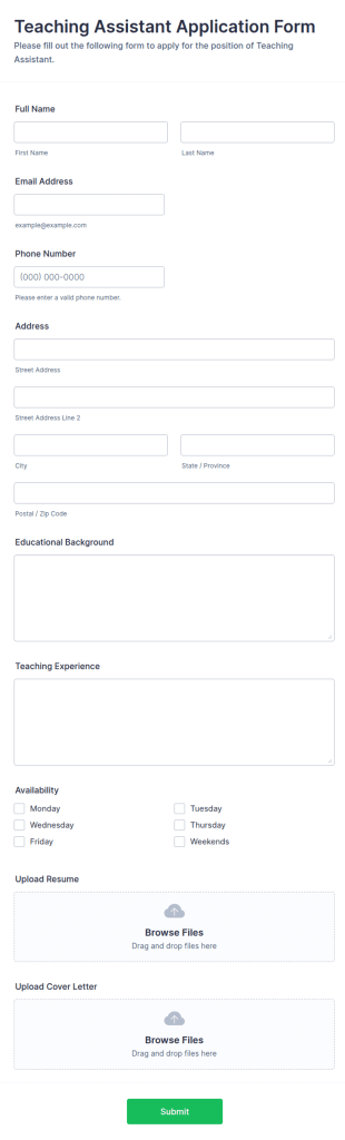 Teaching Assistant Application Form Template