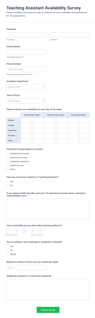 Teaching Assistant Availability Survey Form Template