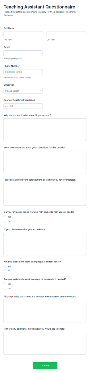 Teaching Assistant Questionnaire Form Template