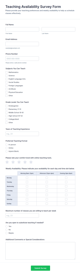 Teaching Availability Survey Form Template