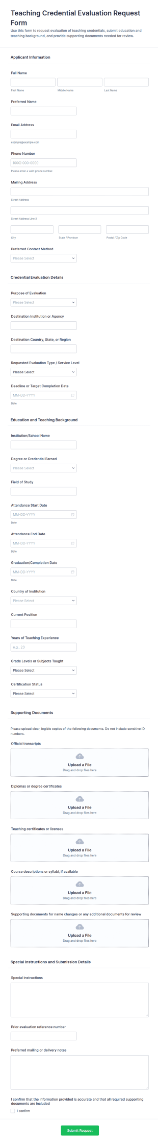 Teaching Credential Evaluation Request Form Template
