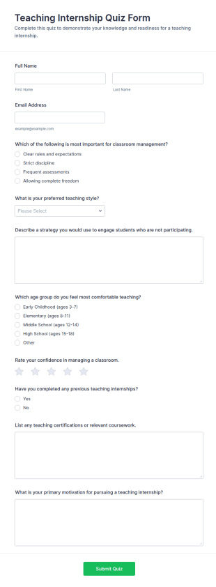 Teaching Internship Quiz Form Template