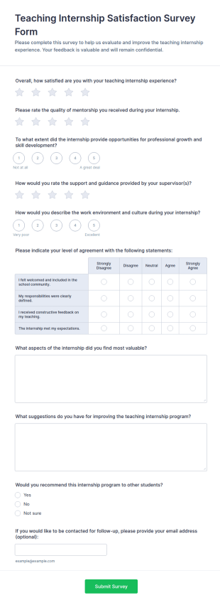 Teaching Internship Satisfaction Survey Form Template
