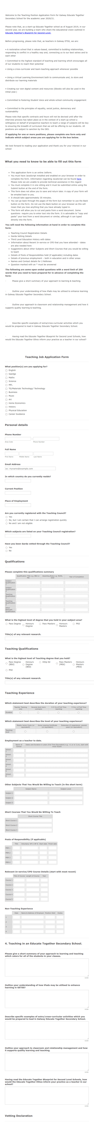 Teaching Job Application Form Template