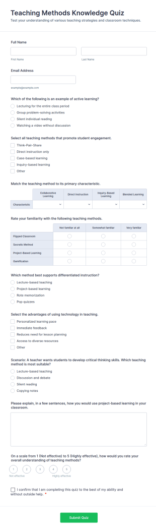 Teaching Methods Knowledge Quiz Form Template