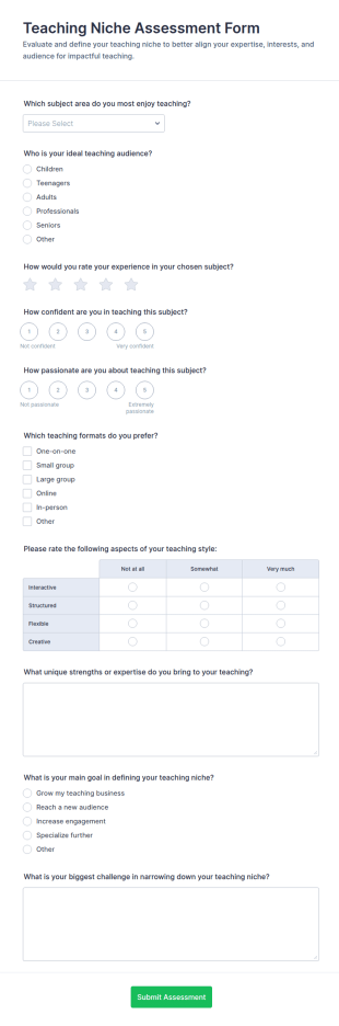 Teaching Niche Assessment Form Template