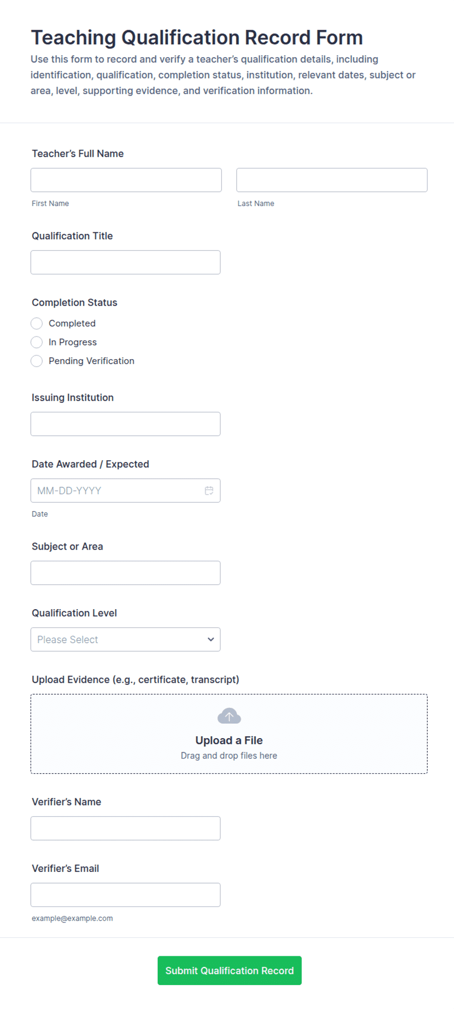 Teaching Qualification Record Form Template | Jotform
