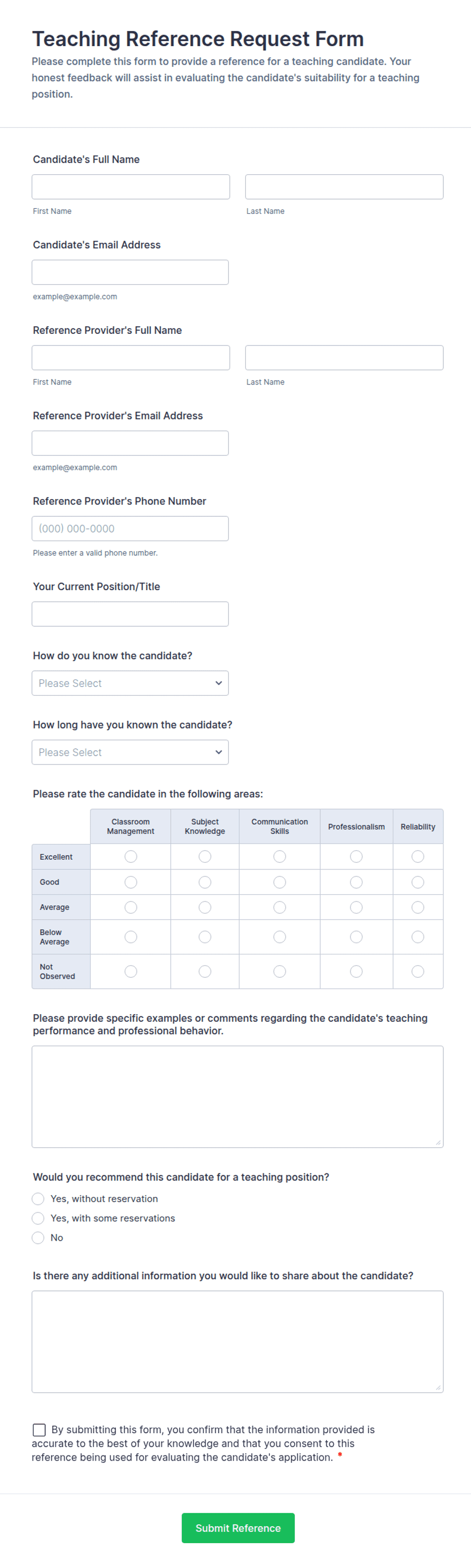 Reference Request Table Template Example Teaching Reference Request Form Template | Jotform