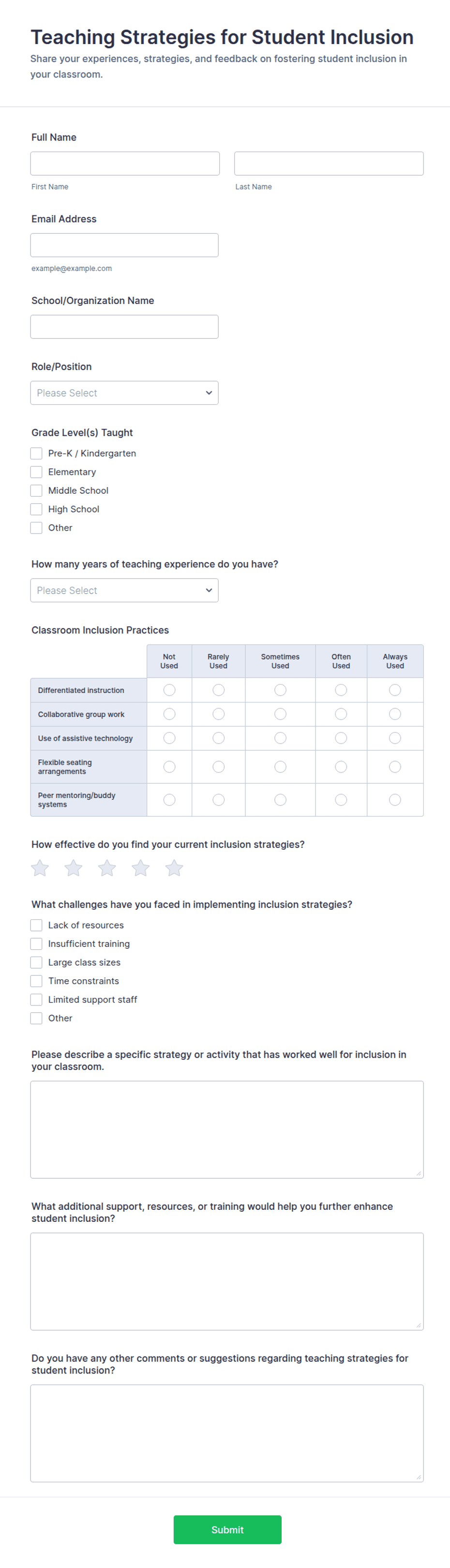 Teaching Strategies for Student Inclusion Form Template | Jotform