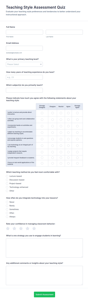 Teaching Style Assessment Quiz Form Template