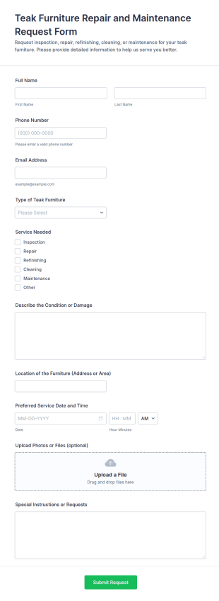 Teak Furniture Repair And Maintenance Request Form Template