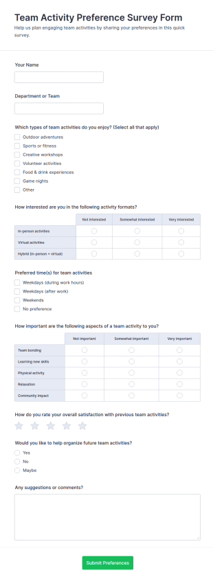 Team Activity Preference Survey Form Template