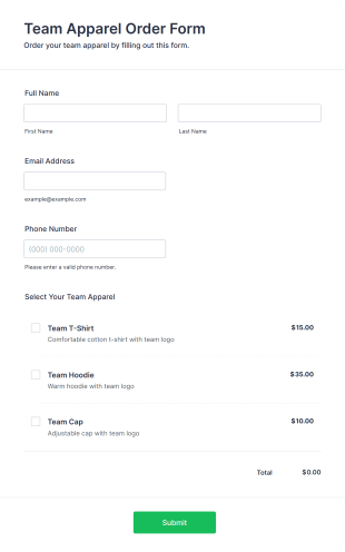 Team Apparel Order Form Template