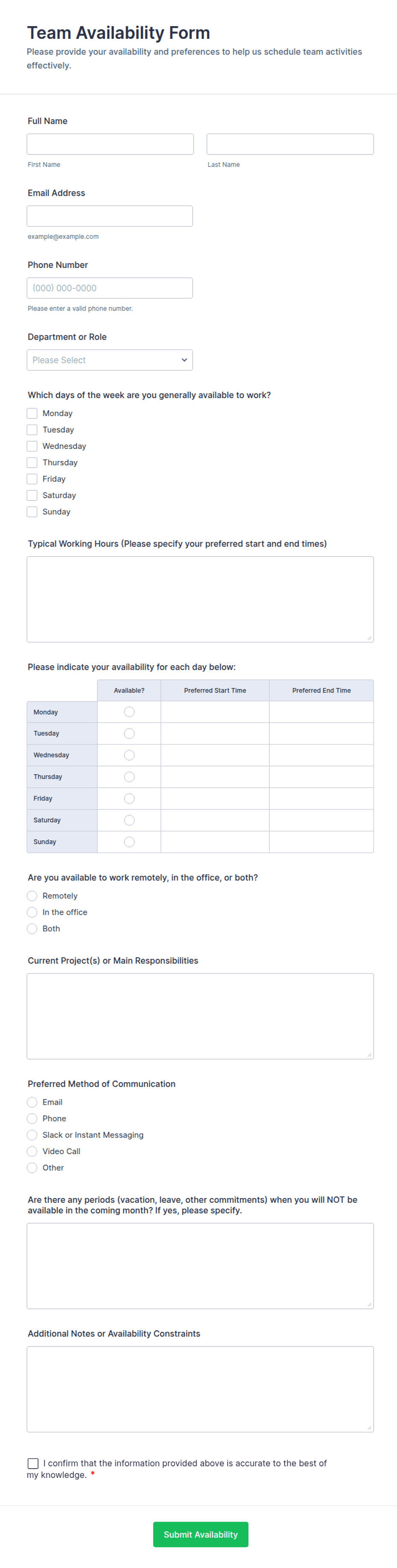 Team Availability Form Template Jotform