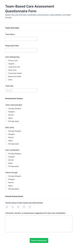 Team Based Care Assessment Questionnaire Form Template