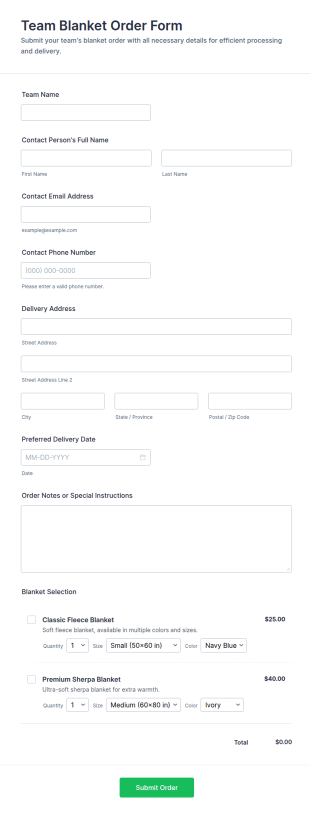 Team Blanket Order Form Template