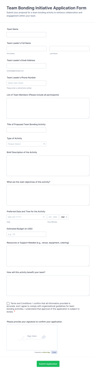 Team Bonding Initiative Application Form Form Template