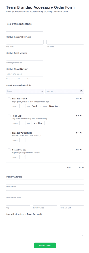 Team Branded Accessory Order Form Template