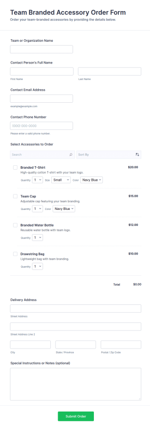 Team Branded Accessory Order Form Template