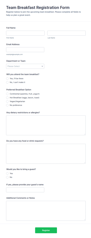 Team Breakfast Registration Form Template