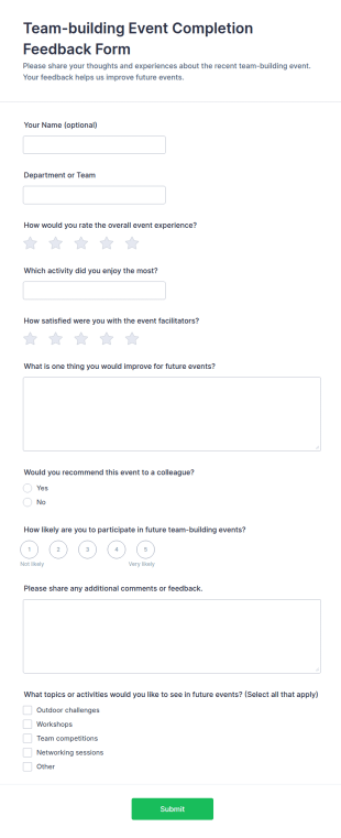 Team Building Event Completion Feedback Form Template