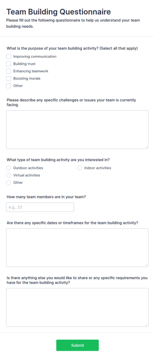 Team Building Questionnaire Form Template