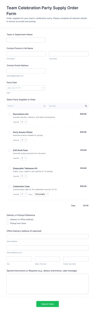 Team Celebration Party Supply Order Form Template