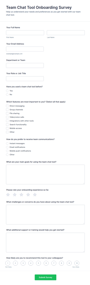 Team Chat Tool Onboarding Survey Form Template