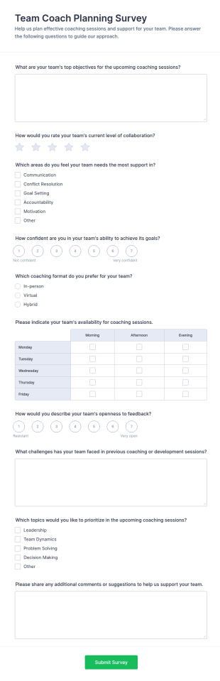 Team Coach Planning Survey Form Template