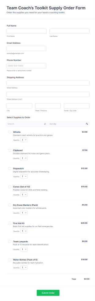 Team Coach’s Toolkit Supply Order Form Template