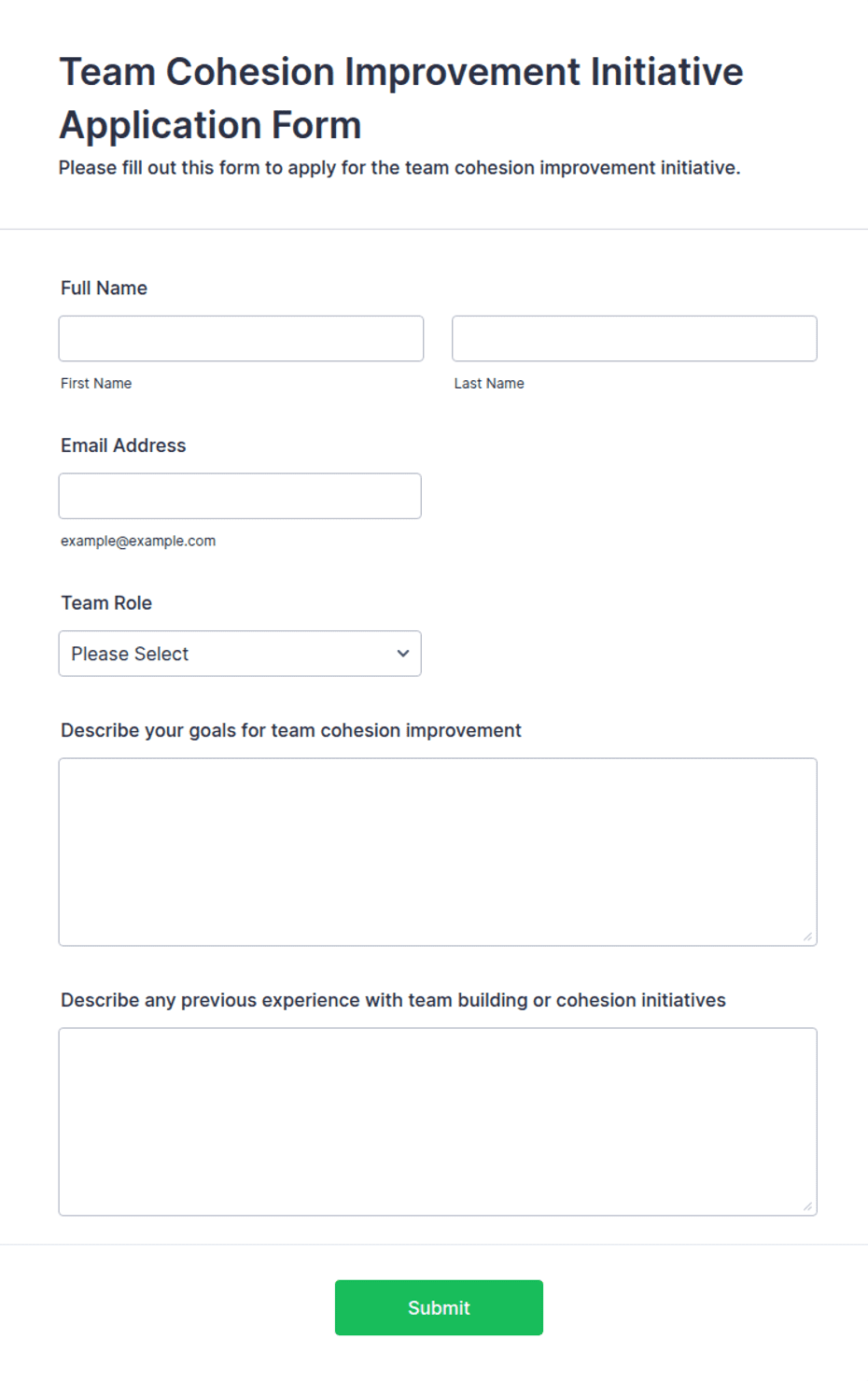 Team Cohesion Improvement Initiative Application Form Template | Jotform