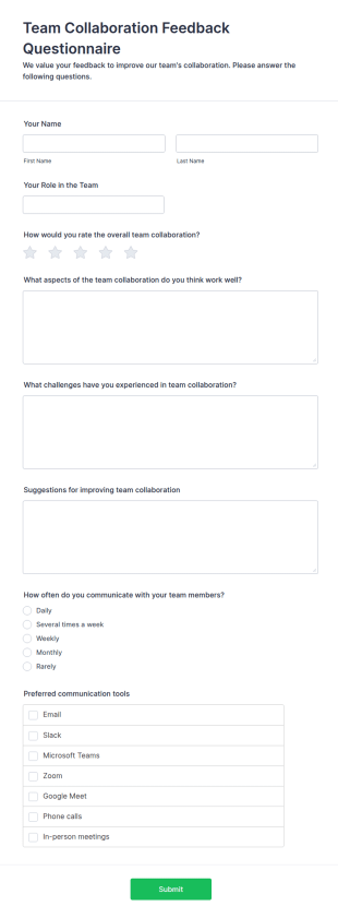 Team Collaboration Feedback Questionnaire Form Template