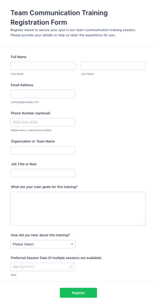 Team Communication Training Registration Form Template