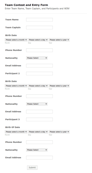 Team Contest Entry Form Template