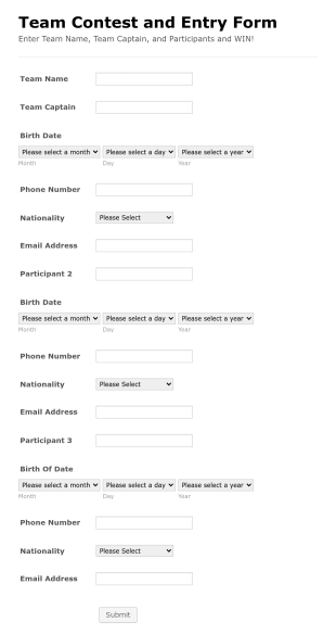 Team Contest Entry Form Template