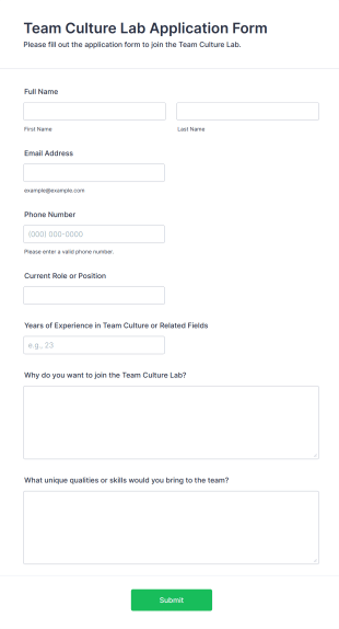 Team Culture Lab Application Form Form Template