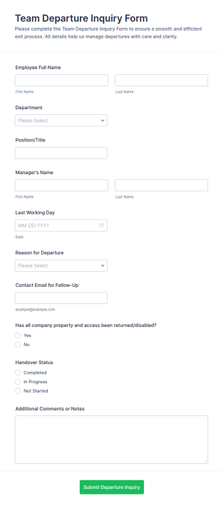 Team Departure Inquiry Form Template