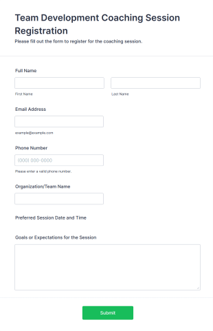 Team Development Coaching Session Registration Form Template