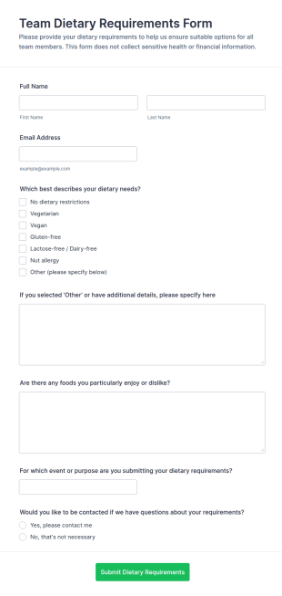 Team Dietary Requirements Form Template